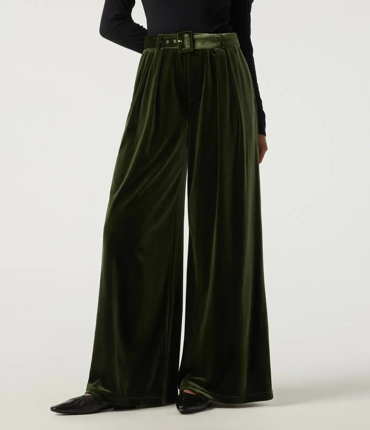 Sabine | Women's High Waisted Belted Wide Leg Velvet Trousers