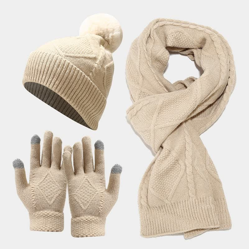 Ebbak | Women's Cable Knit Beanie, Scarf & Touchscreen Gloves Gift Set