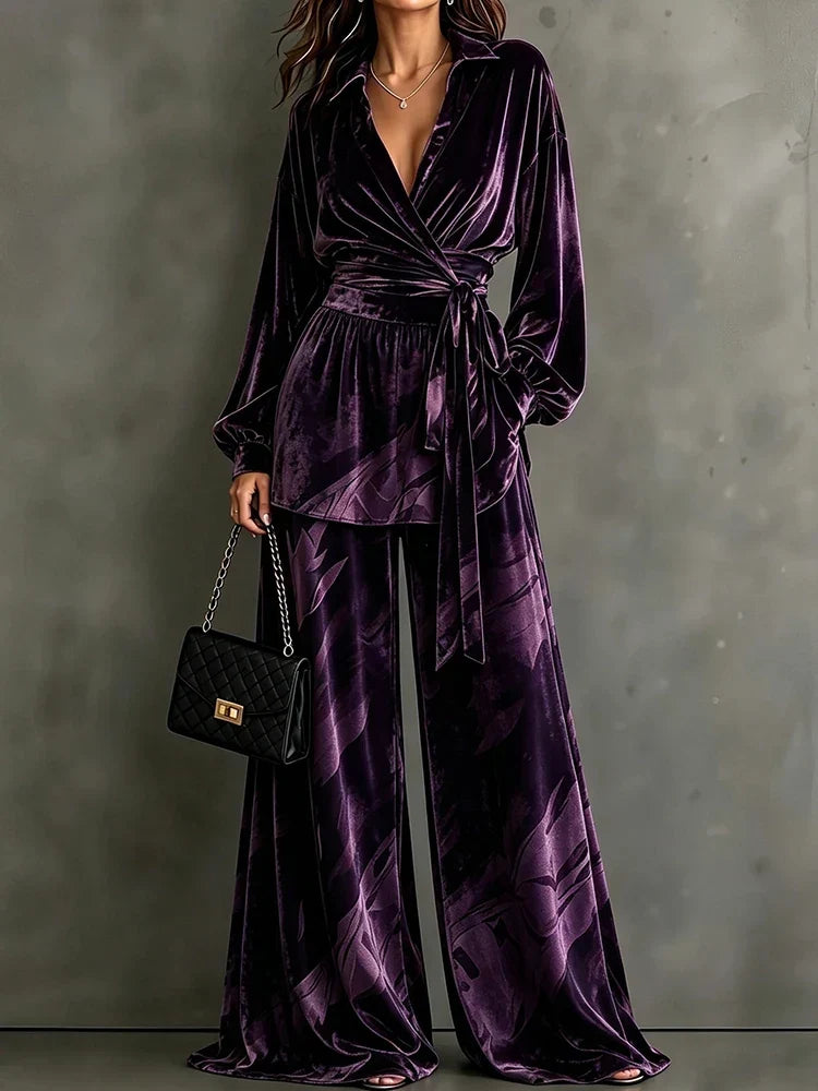 Yvonne | Women's Velvet Wrap Top & Wide Leg Trousers Co-Ord Set