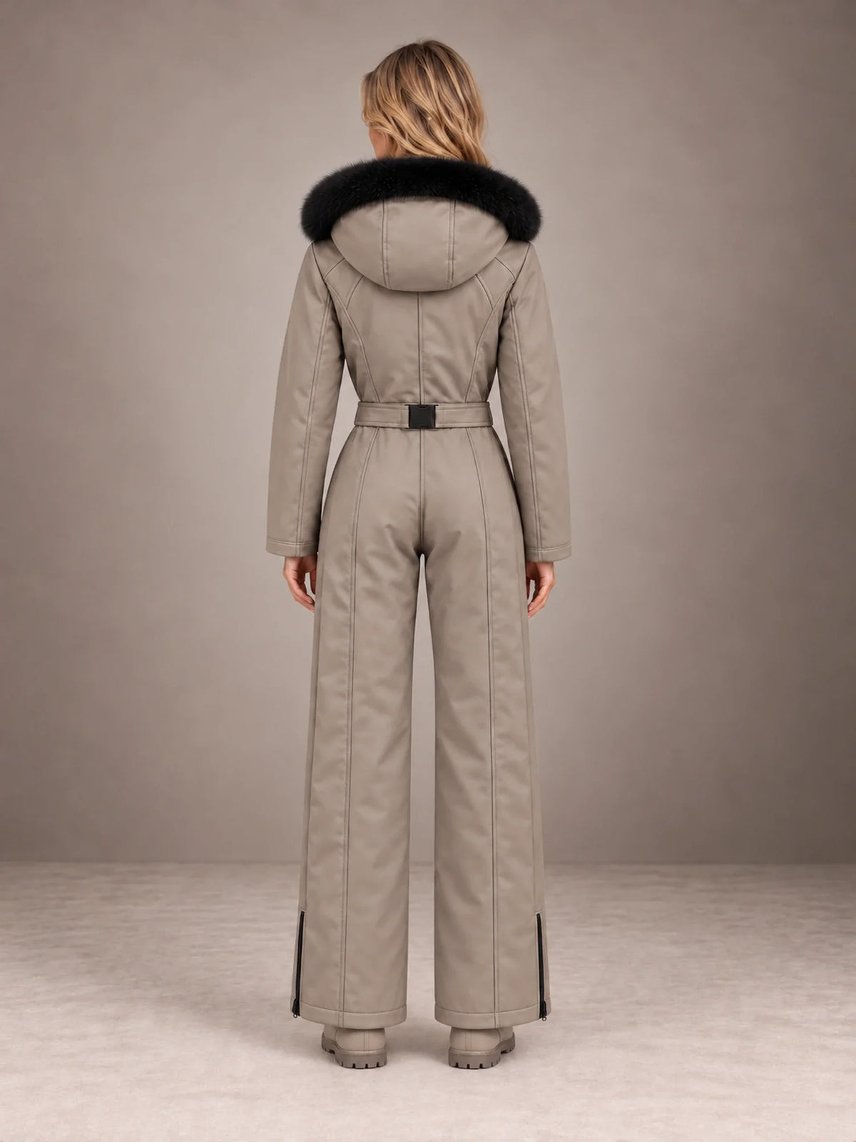 Vigdis | Women's Belted One-Piece Ski Suit with Faux Fur Hood