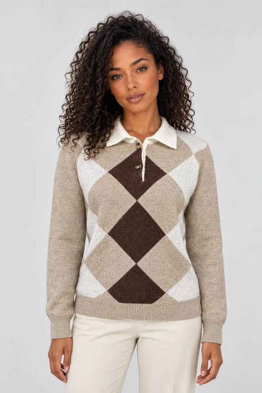 Anwen | Women's Argyle Knit Jumper with Collared Neckline