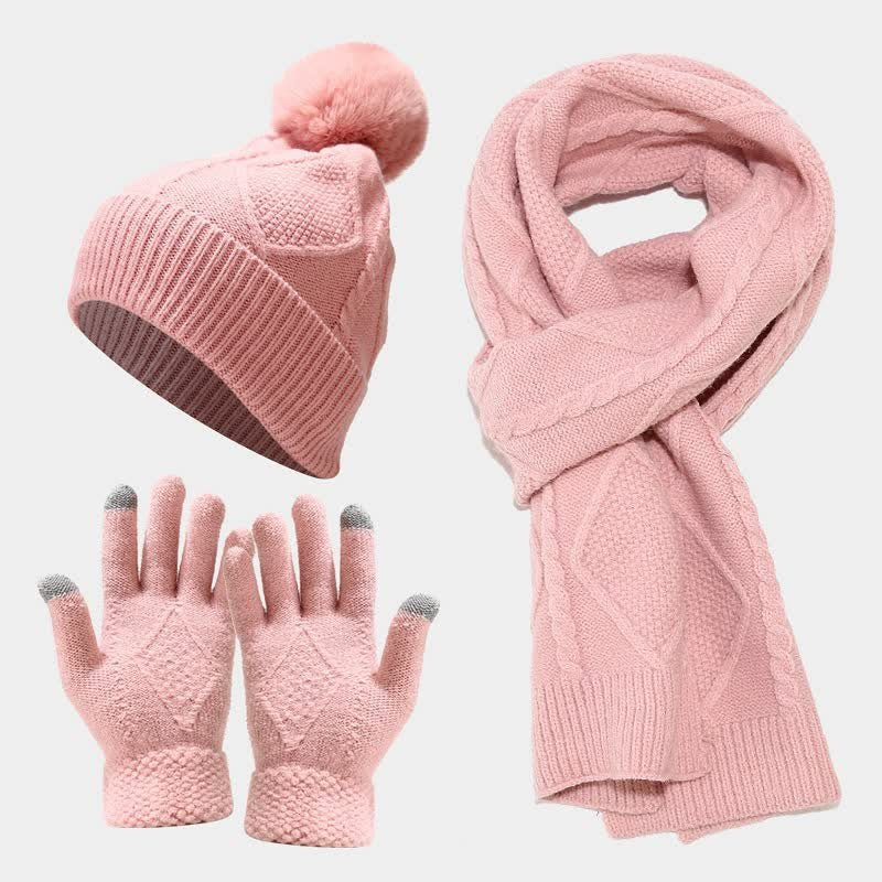 Ebbak | Women's Cable Knit Beanie, Scarf & Touchscreen Gloves Gift Set