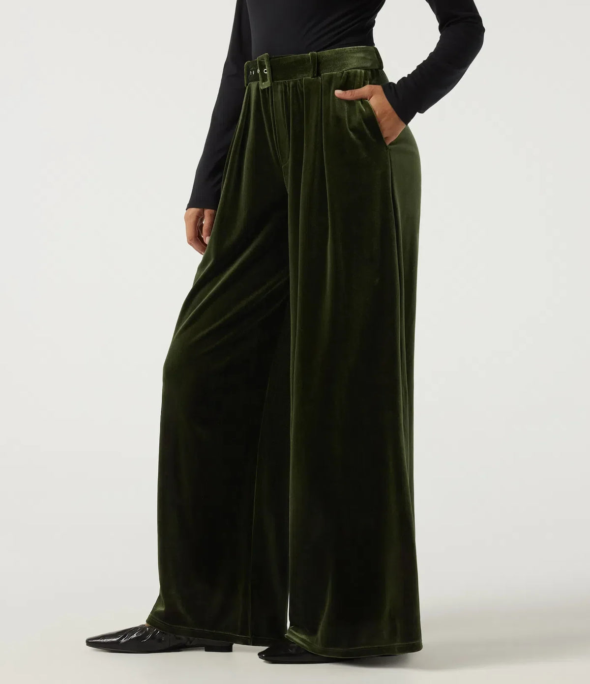 Sabine | Women's High Waisted Belted Wide Leg Velvet Trousers