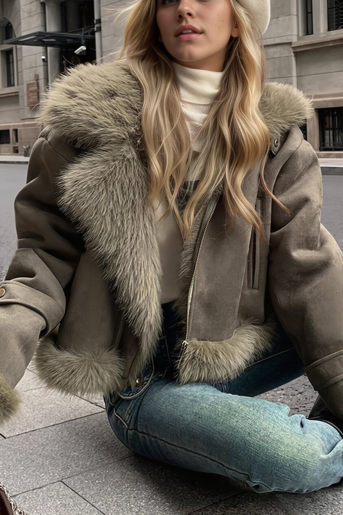 Annis | Women's Suede-Look Cropped Aviator Jacket with Faux Fur Collar