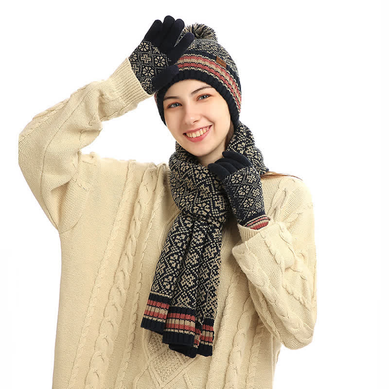 Noor | Women's Snowflake Knit Hat, Scarf & Touchscreen Gloves Gift Set