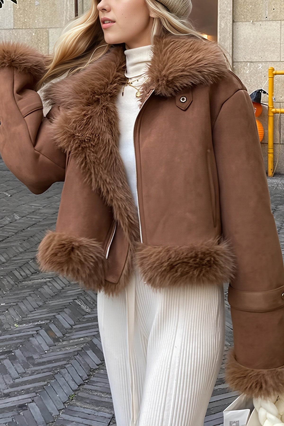 Annis | Women's Suede-Look Cropped Aviator Jacket with Faux Fur Collar