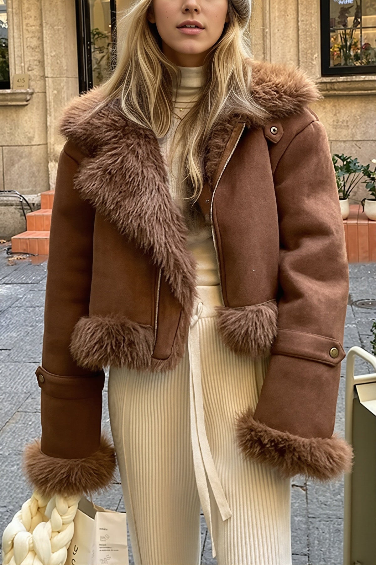 Annis | Women's Suede-Look Cropped Aviator Jacket with Faux Fur Collar