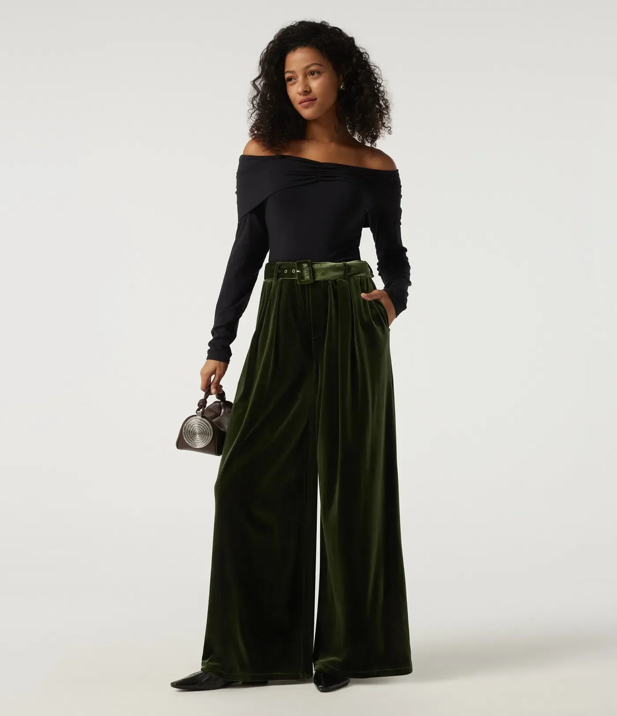 Sabine | Women's High Waisted Belted Wide Leg Velvet Trousers