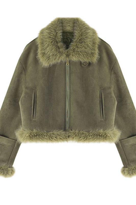 Annis | Women's Suede-Look Cropped Aviator Jacket with Faux Fur Collar