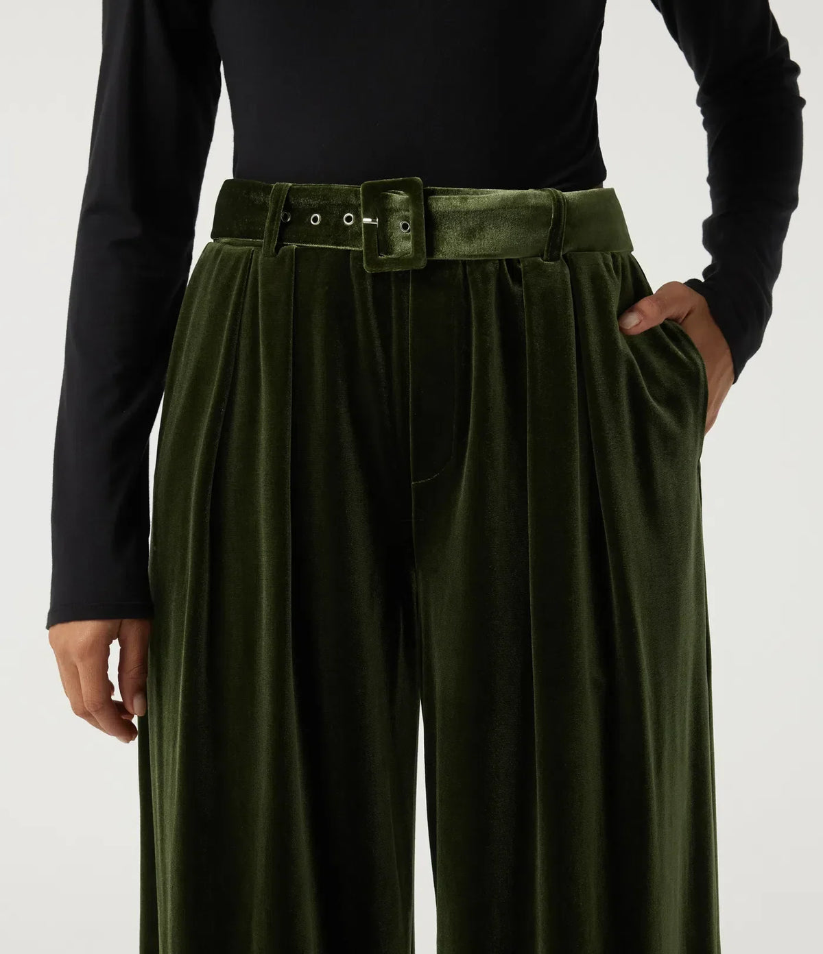 Sabine | Women's High Waisted Belted Wide Leg Velvet Trousers