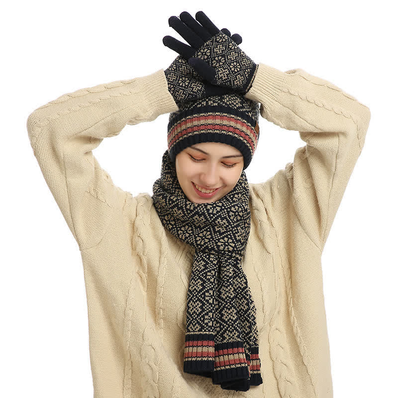 Noor | Women's Snowflake Knit Hat, Scarf & Touchscreen Gloves Gift Set