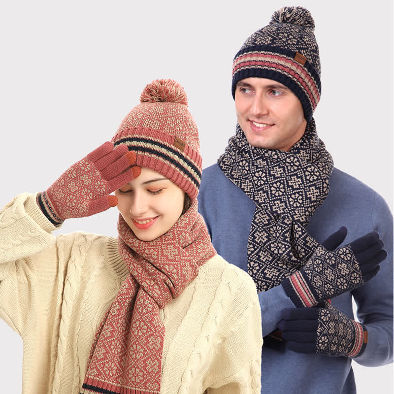 Noor | Women's Snowflake Knit Hat, Scarf & Touchscreen Gloves Gift Set