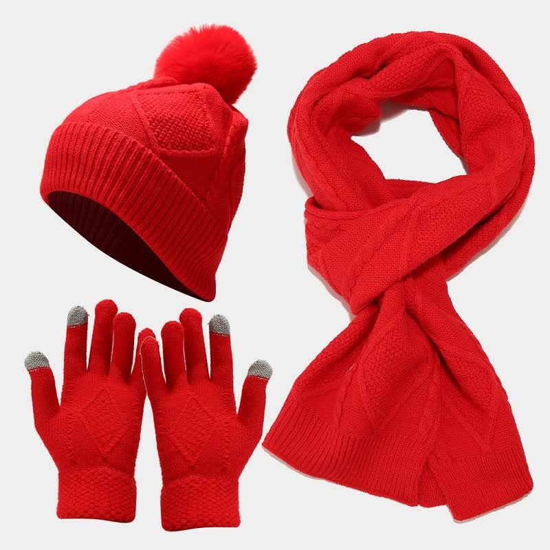 Ebbak | Women's Cable Knit Beanie, Scarf & Touchscreen Gloves Gift Set