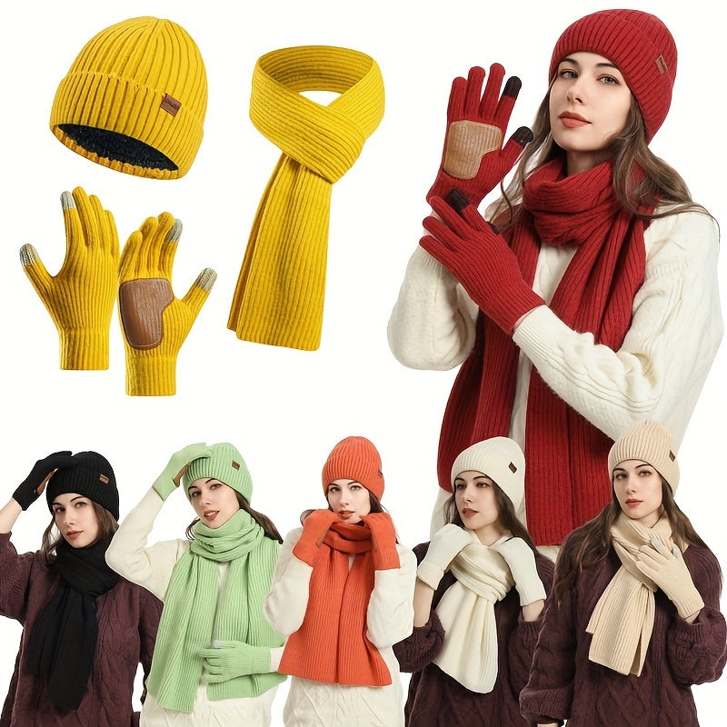 Hazel | Women's Hat, Scarf & Gloves Set – Ribbed Knit Winter Accessories
