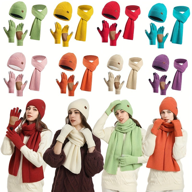 Hazel | Women's Hat, Scarf & Gloves Set – Ribbed Knit Winter Accessories