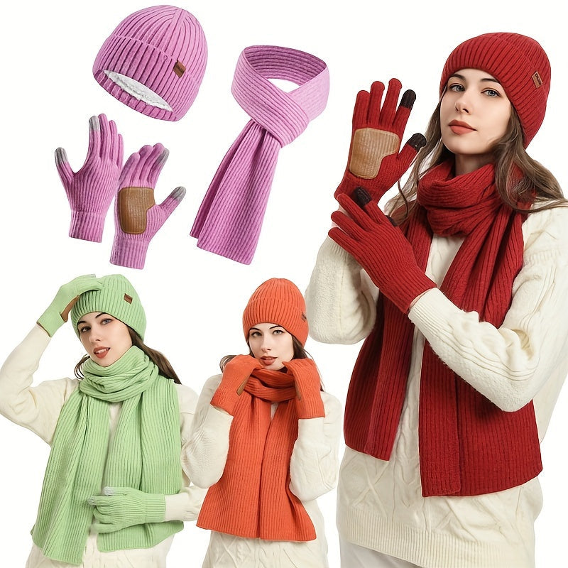 Hazel | Women's Hat, Scarf & Gloves Set – Ribbed Knit Winter Accessories