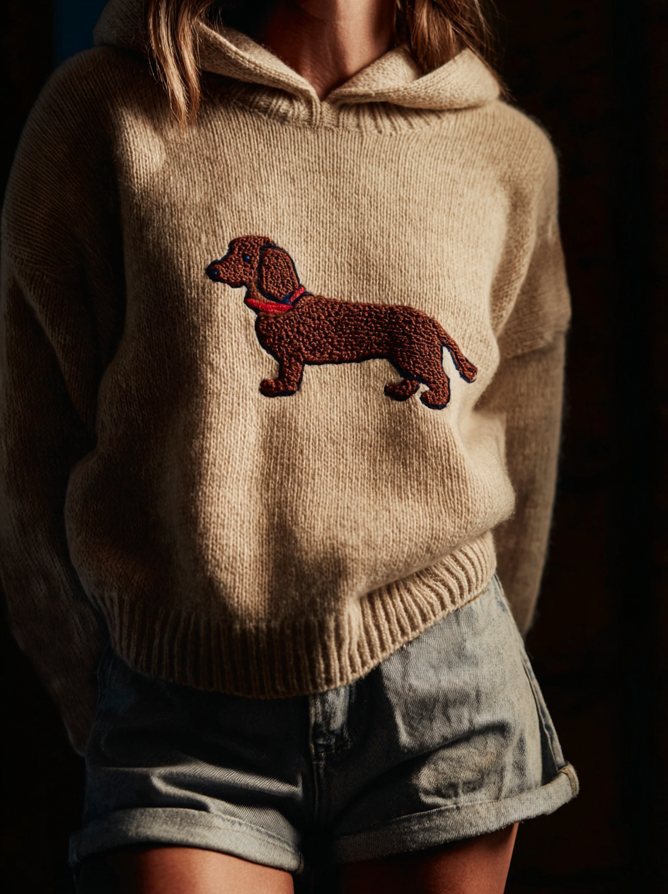 Winnie | Women's Dachshund Embroidered Hooded Knit Jumper