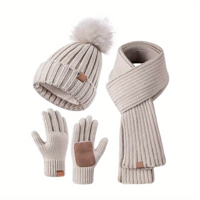 Teagan | 3-Piece Knitted Winter Set – Pom-Pom Hat, Scarf & Touchscreen Gloves