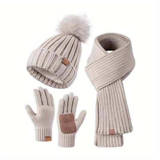 Teagan | 3-Piece Knitted Winter Set – Pom-Pom Hat, Scarf & Touchscreen Gloves