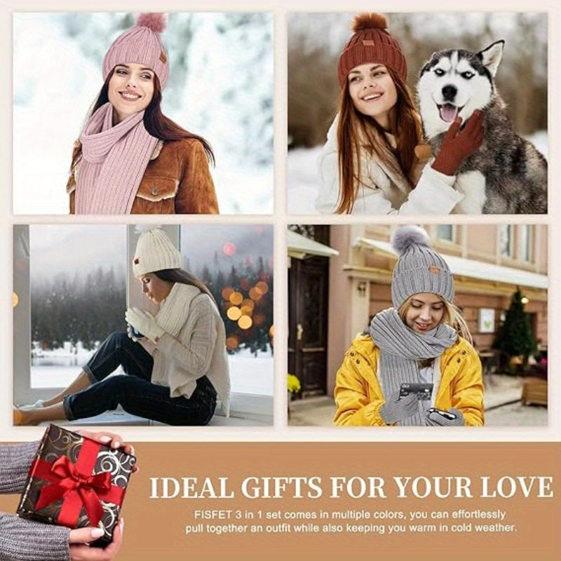 Teagan | 3-Piece Knitted Winter Set – Pom-Pom Hat, Scarf & Touchscreen Gloves