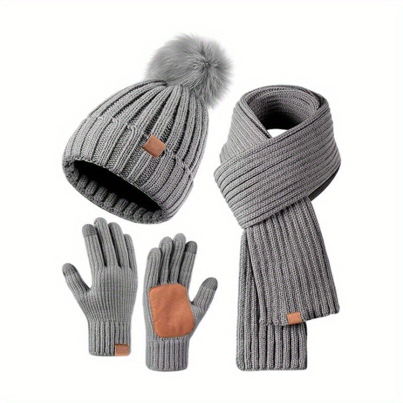 Teagan | 3-Piece Knitted Winter Set – Pom-Pom Hat, Scarf & Touchscreen Gloves