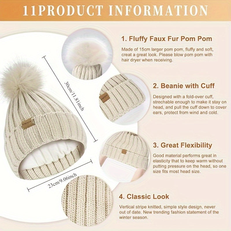 Teagan | 3-Piece Knitted Winter Set – Pom-Pom Hat, Scarf & Touchscreen Gloves