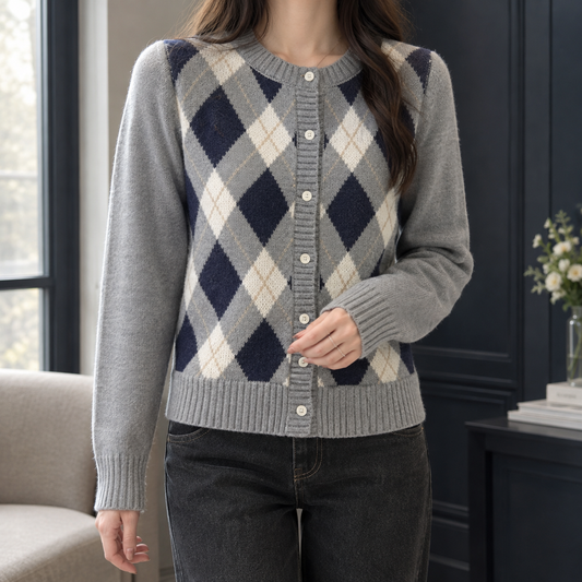 Mirren | Women's Argyle Cardigan with Round Neck & Cream Buttons