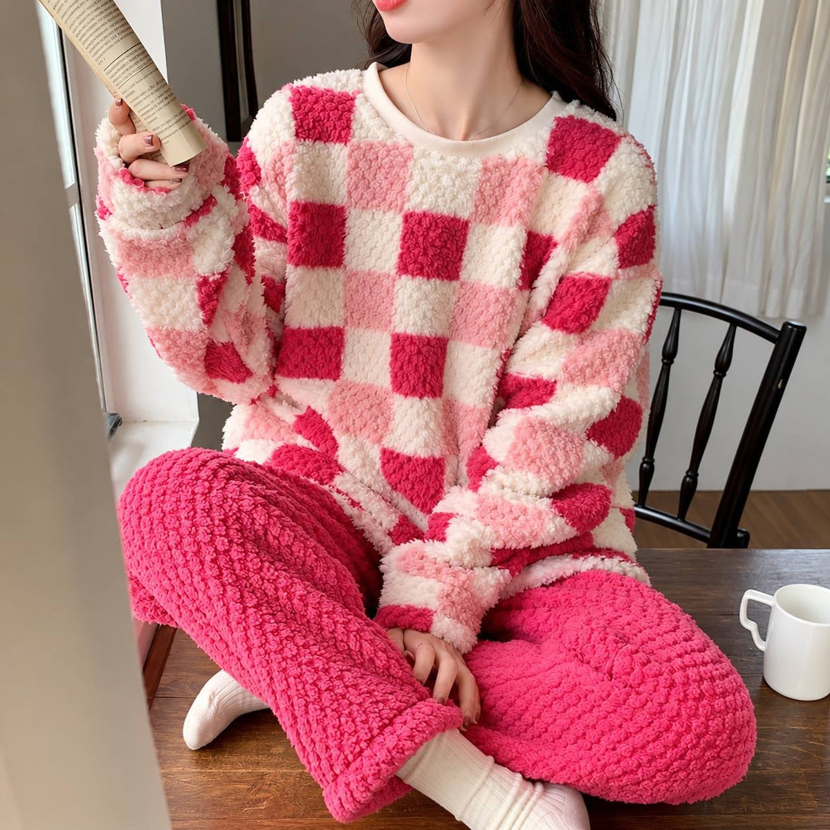 Delphine | Women's Plush Pyjama Set with Checked Pullover Top
