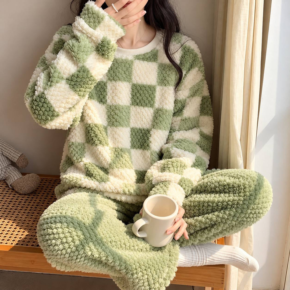 Delphine | Women's Plush Pyjama Set with Checked Pullover Top