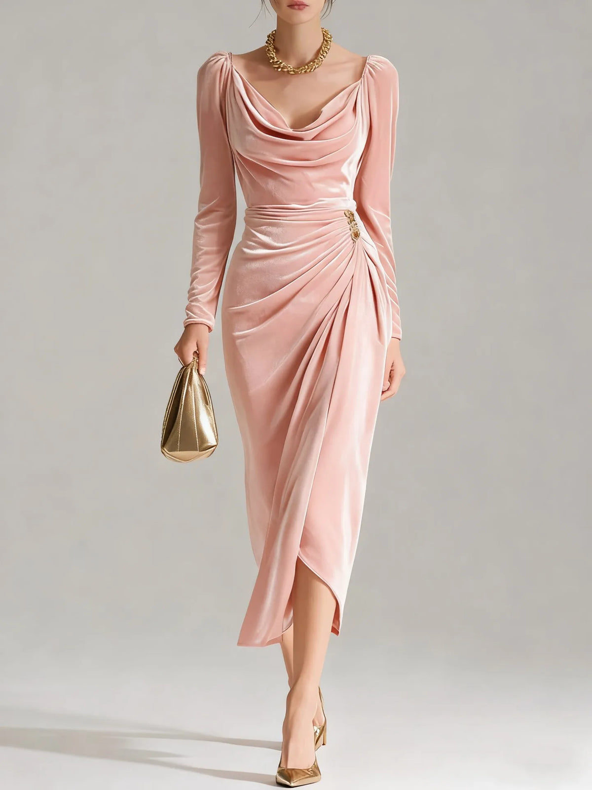 Women's Ruched Velvet Midi Christmas Party Dress