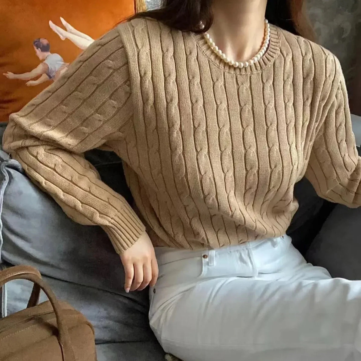 Women's Pure Cotton Cable-Knit Crew-Neck Jumper