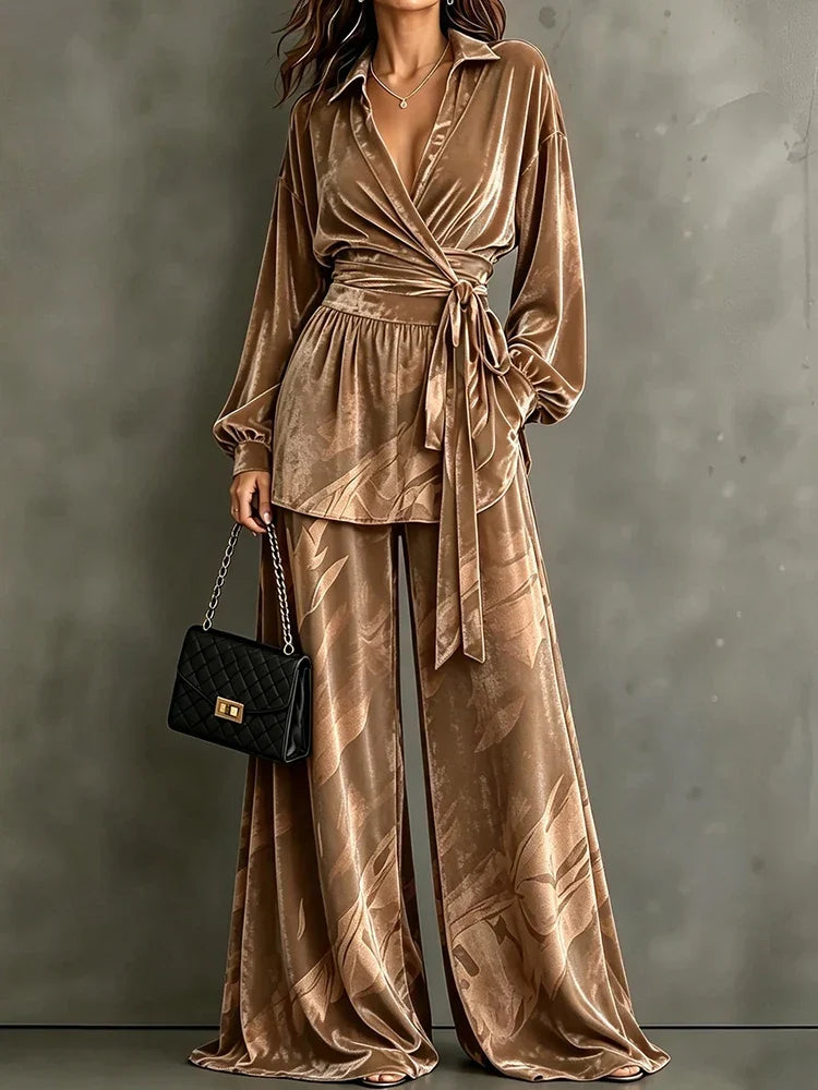 Yvonne | Women's Velvet Wrap Top & Wide Leg Trousers Co-Ord Set