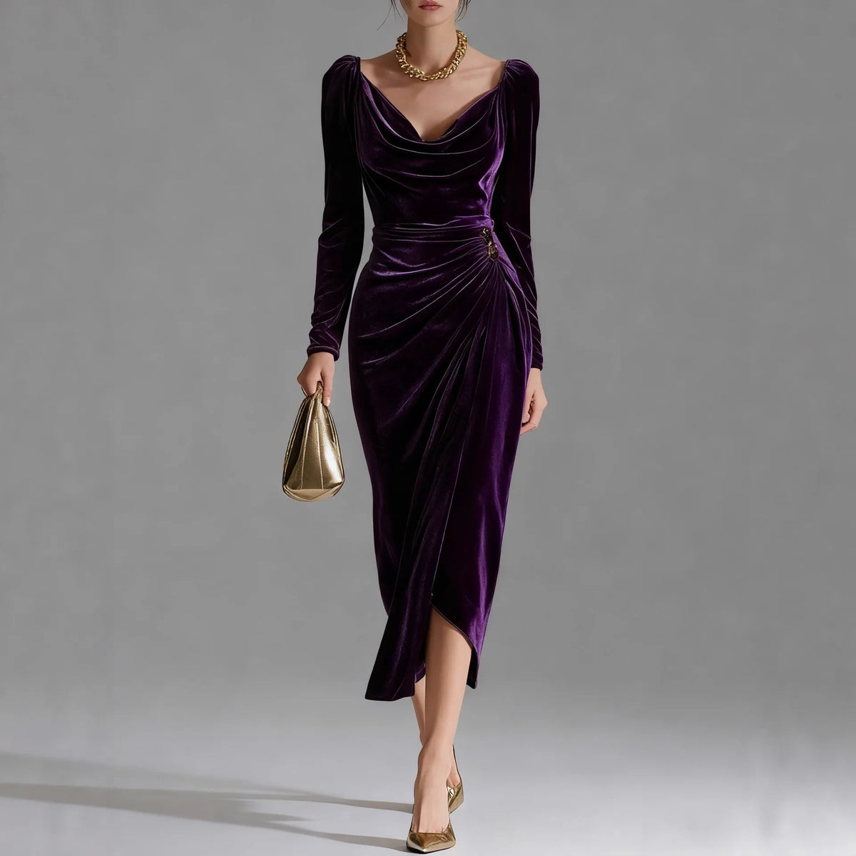 Women's Ruched Velvet Midi Christmas Party Dress