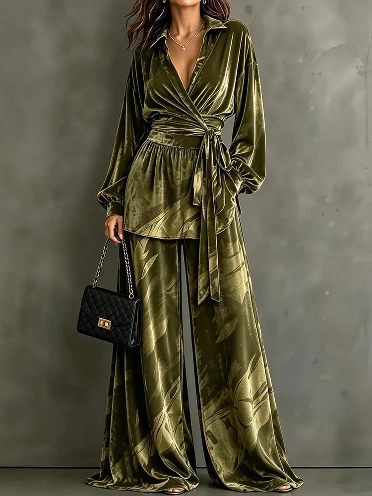 Yvonne | Women's Velvet Wrap Top & Wide Leg Trousers Co-Ord Set