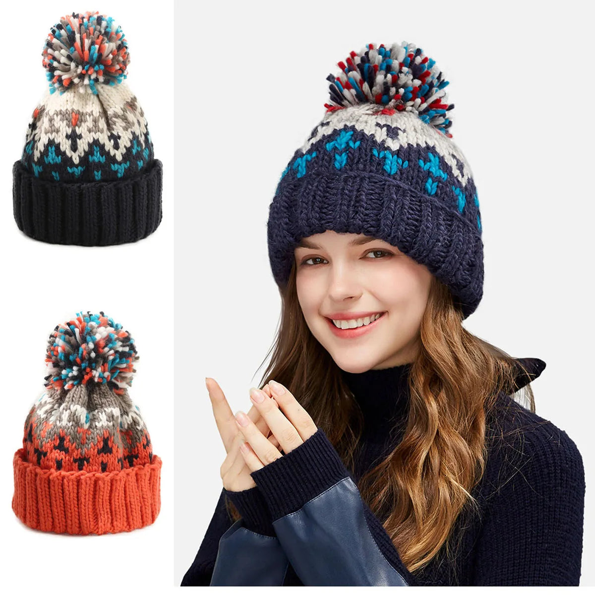 Tamara | Women's Snowflake Knit Beanie Bobble Hat