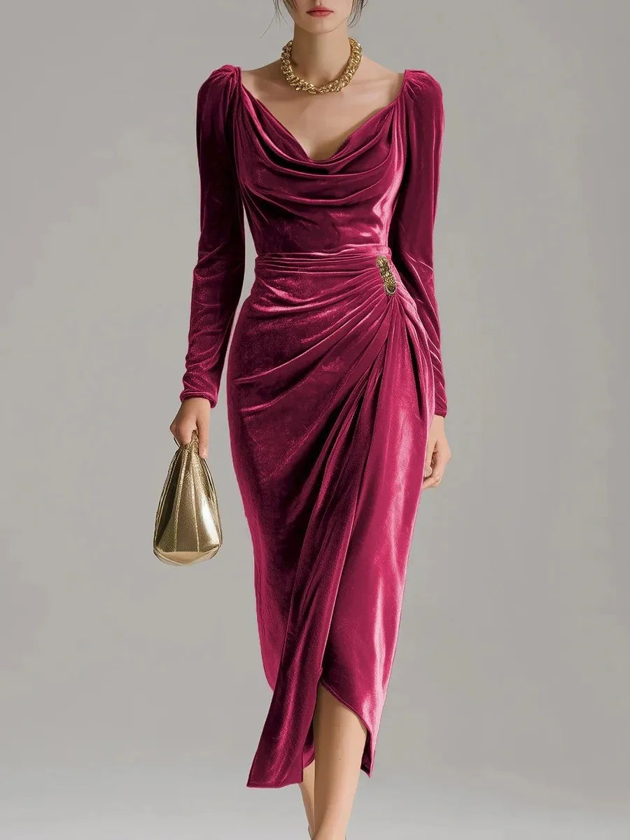 Women's Ruched Velvet Midi Christmas Party Dress