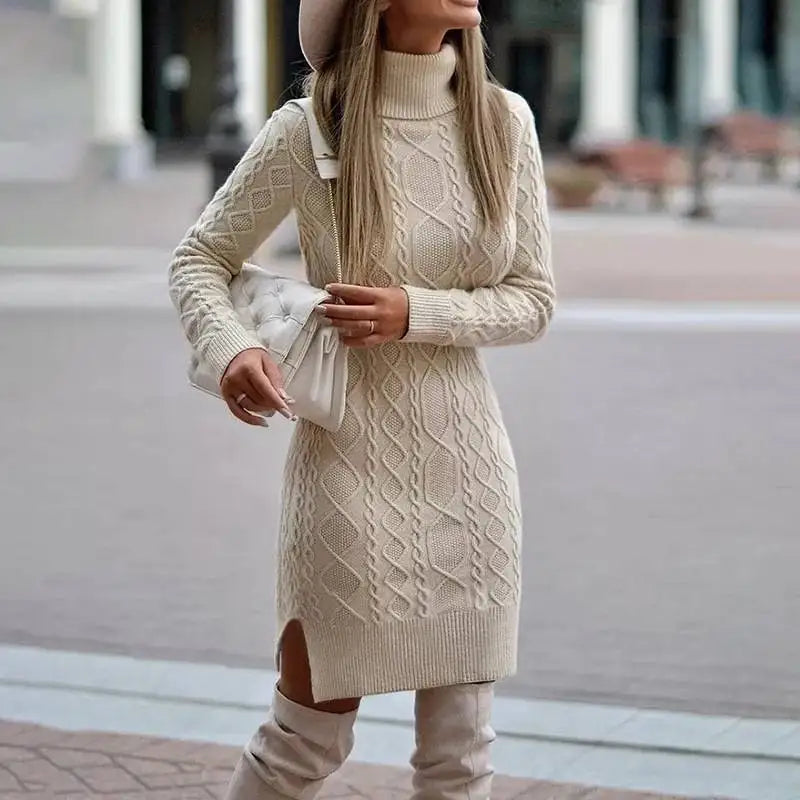 Women's Cable-Knit Turtleneck Fitted Jumper Dress