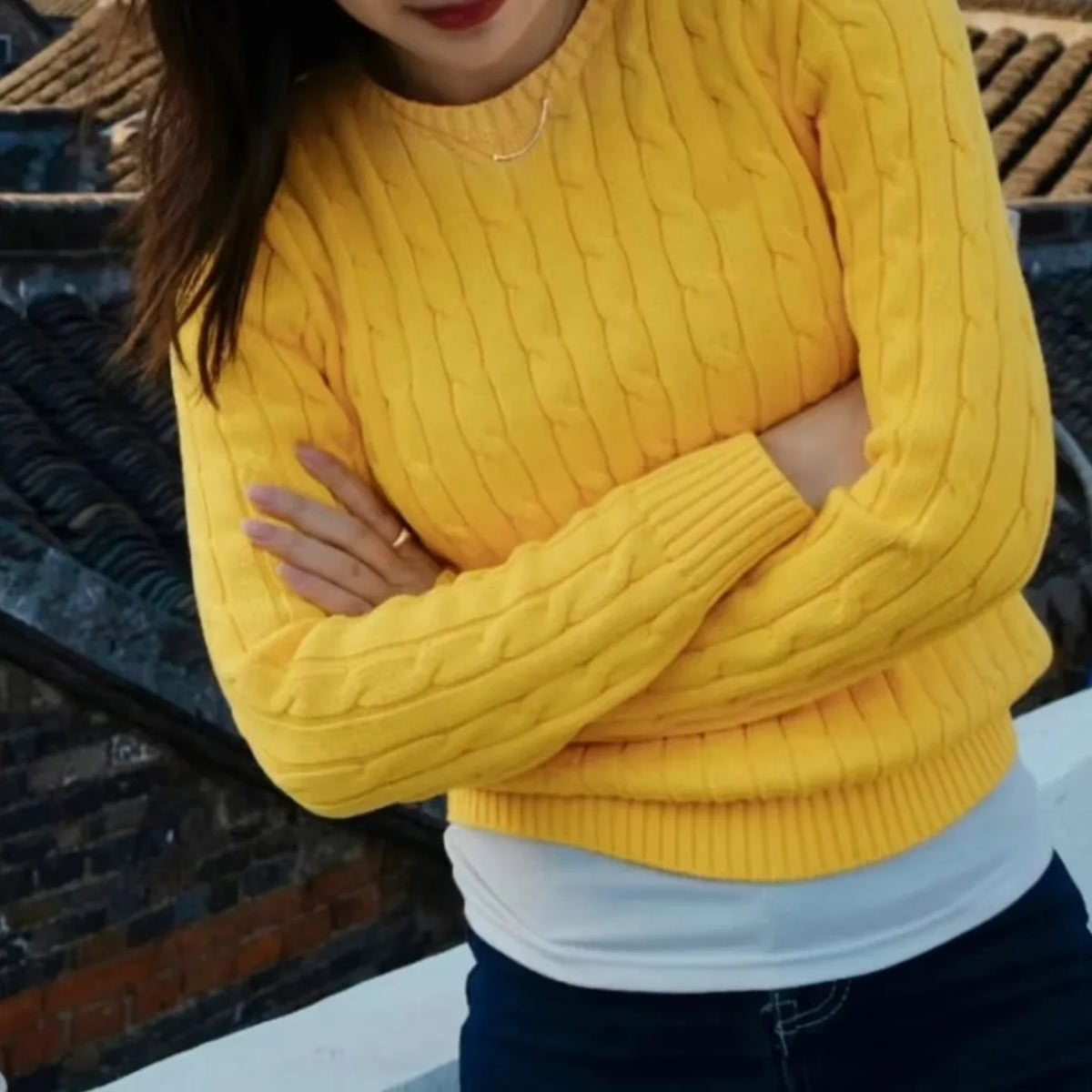 Women's Pure Cotton Cable-Knit Crew-Neck Jumper