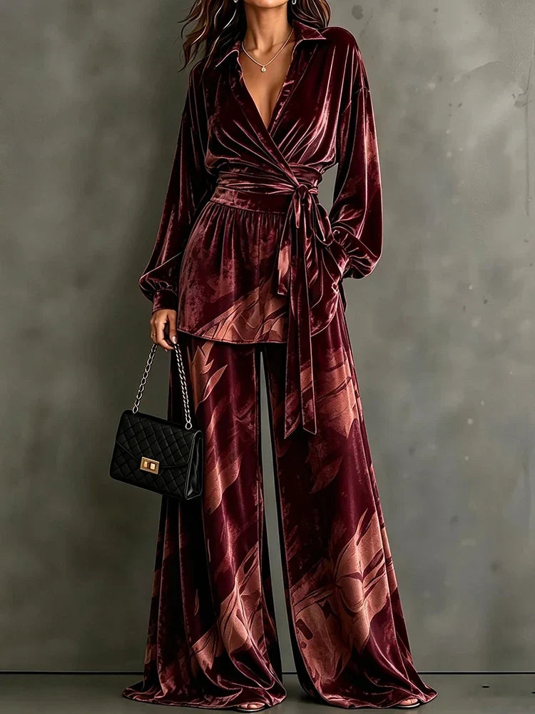 Yvonne | Women's Velvet Wrap Top & Wide Leg Trousers Co-Ord Set