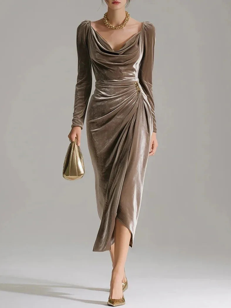 Women's Ruched Velvet Midi Christmas Party Dress