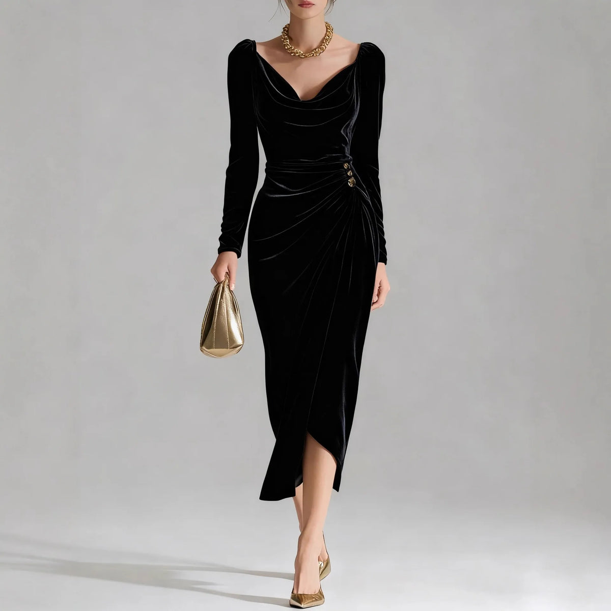 Women's Ruched Velvet Midi Christmas Party Dress