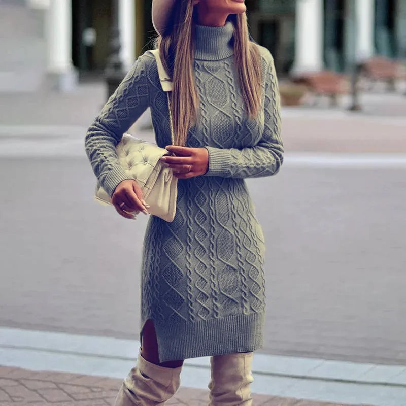 Women's Cable-Knit Turtleneck Fitted Jumper Dress