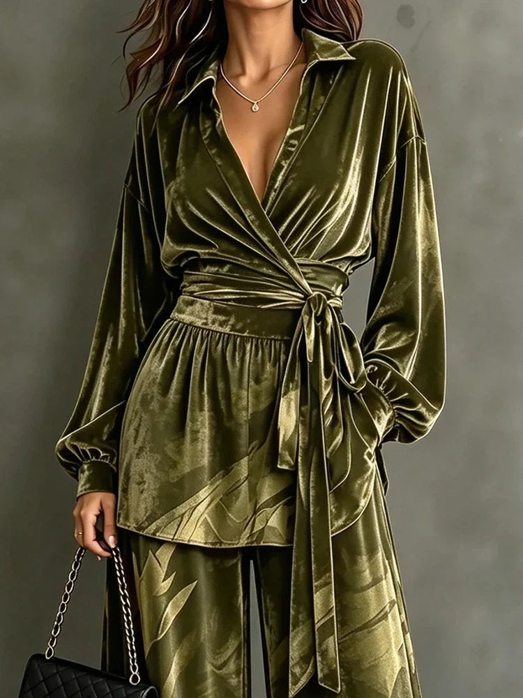 Yvonne | Women's Velvet Wrap Top & Wide Leg Trousers Co-Ord Set