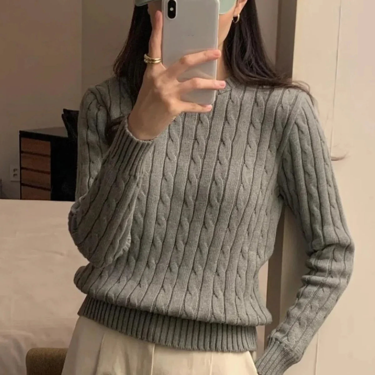 Women's Pure Cotton Cable-Knit Crew-Neck Jumper