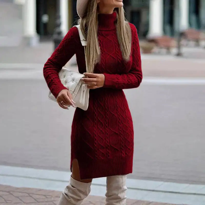 Women's Cable-Knit Turtleneck Fitted Jumper Dress