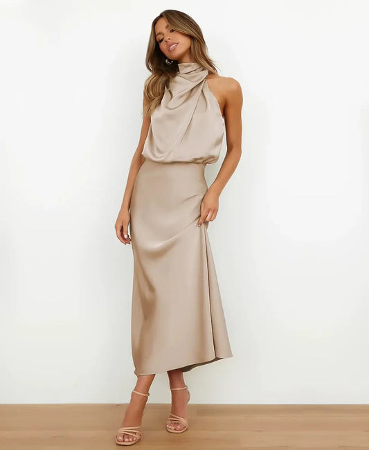 Amélie | Women's Draped Halter Neck Midi Wedding Guest Dress