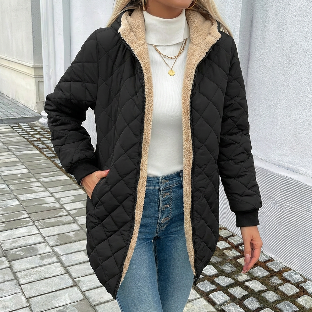 Thea | Women's Longline Hooded Puffer Coat with Diamond Quilting