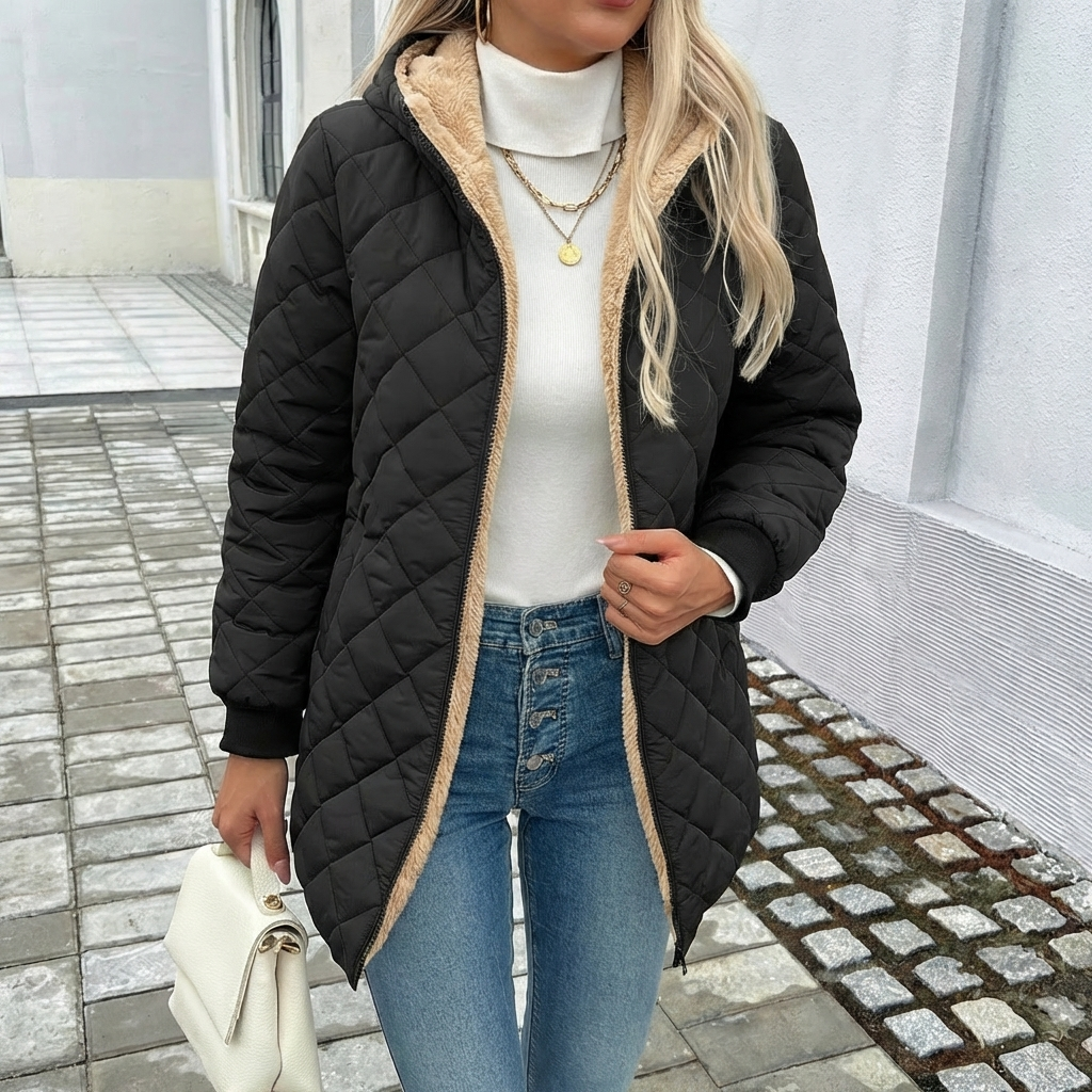 Thea | Women's Longline Hooded Puffer Coat with Diamond Quilting