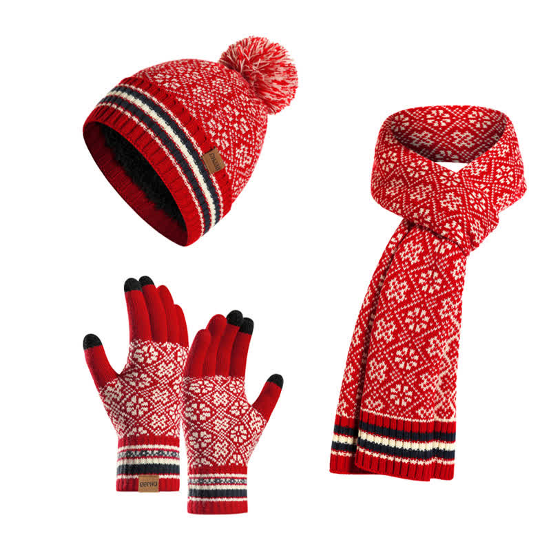 Noor | Women's Snowflake Knit Hat, Scarf & Touchscreen Gloves Gift Set