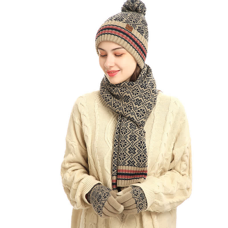 Noor | Women's Snowflake Knit Hat, Scarf & Touchscreen Gloves Gift Set